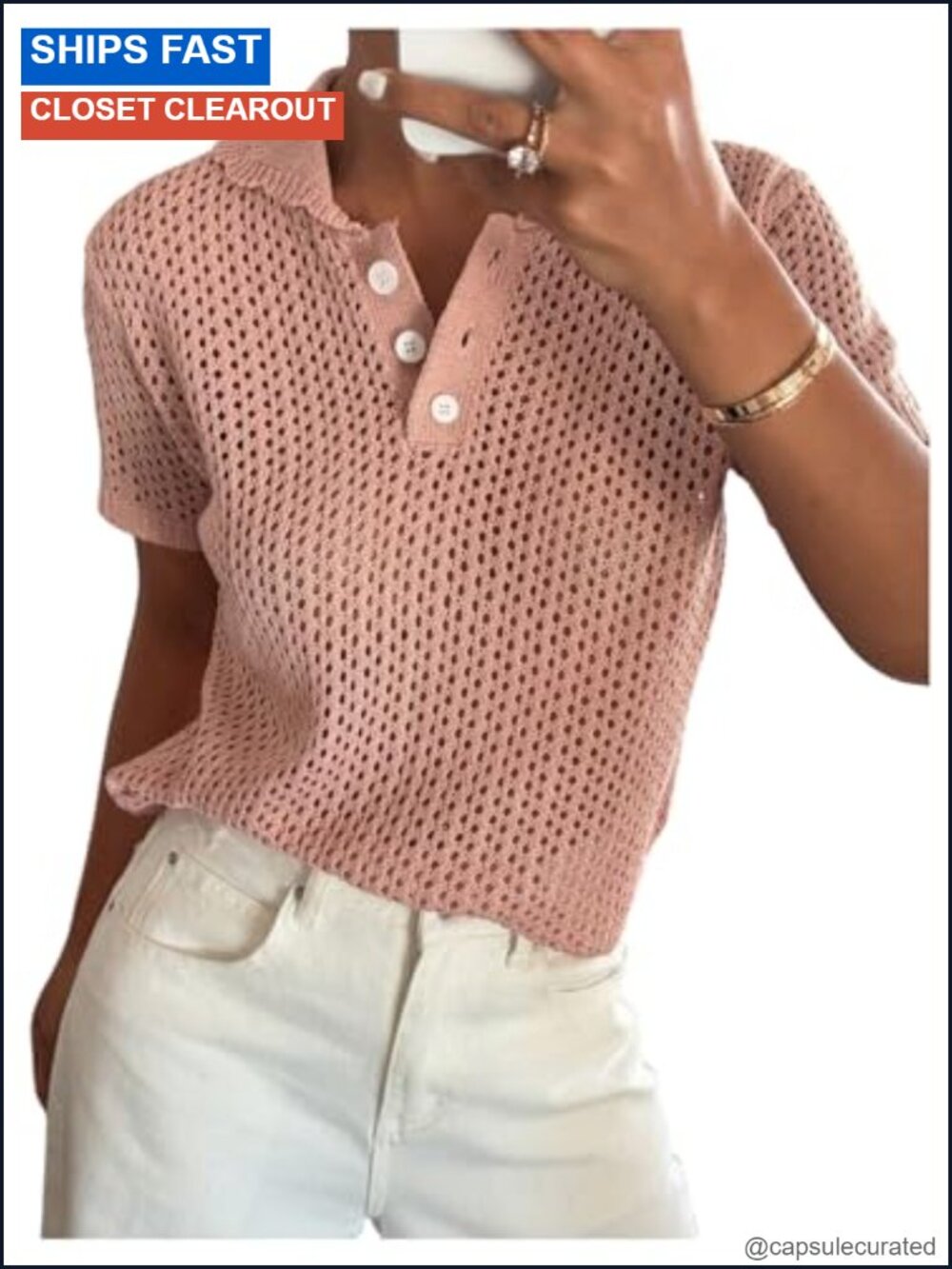 Crochet Knit Collared Short Sleeve Button Front Sweater Top